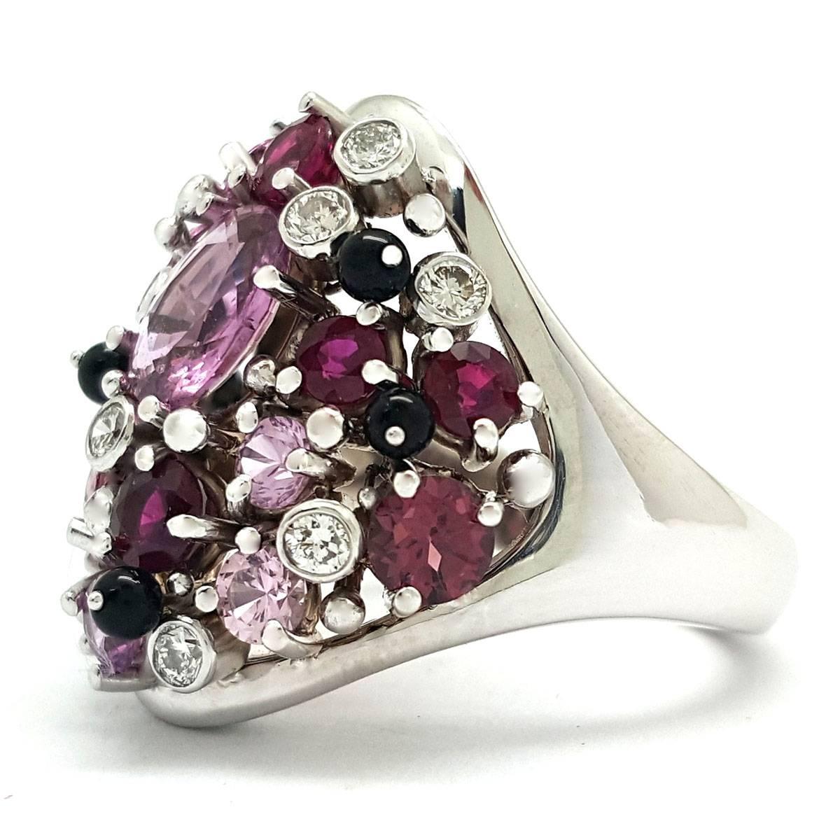Modern Marvelous 14k White Gold, Pink Sapphire & Diamond Confetti Cocktail Ring For Sale