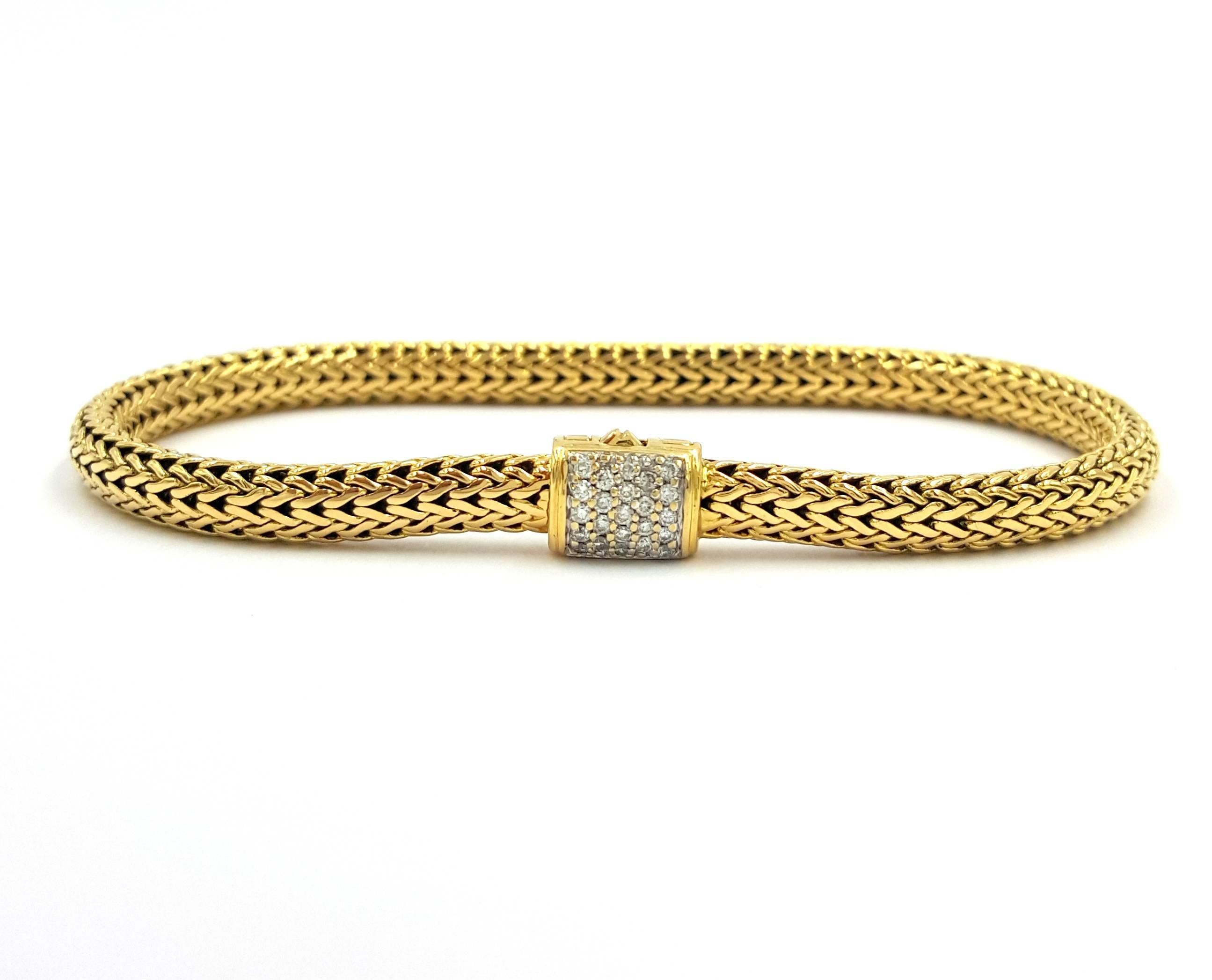 John Hardy 18kt Gold Classic Wheat Weave Pavé Diamond Clasp Like New Bracelet For Sale 1