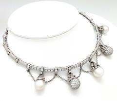 18k White Gold, 6.36 Carat Diamond and Pearl Collar Necklace