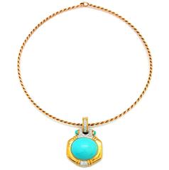 Persian Turquoise and 0.30 Carat Diamond Pendant on Gold Collar
