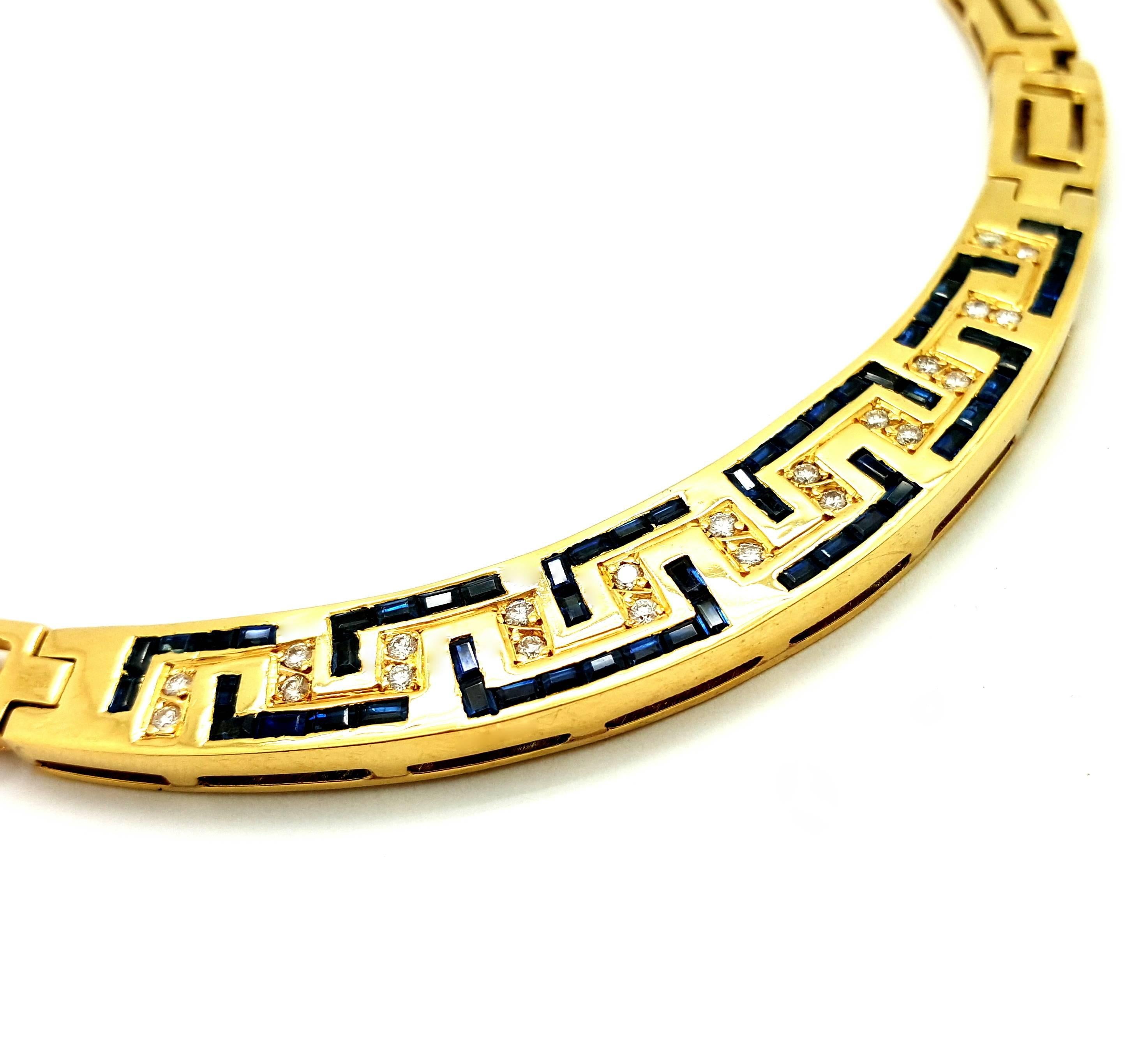 Modern Sapphire Diamond Gold Greek Key Collar Necklace For Sale