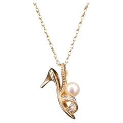 14K Gold Pearl and Diamond Strappy High Heeled Shoe Pendant Necklace