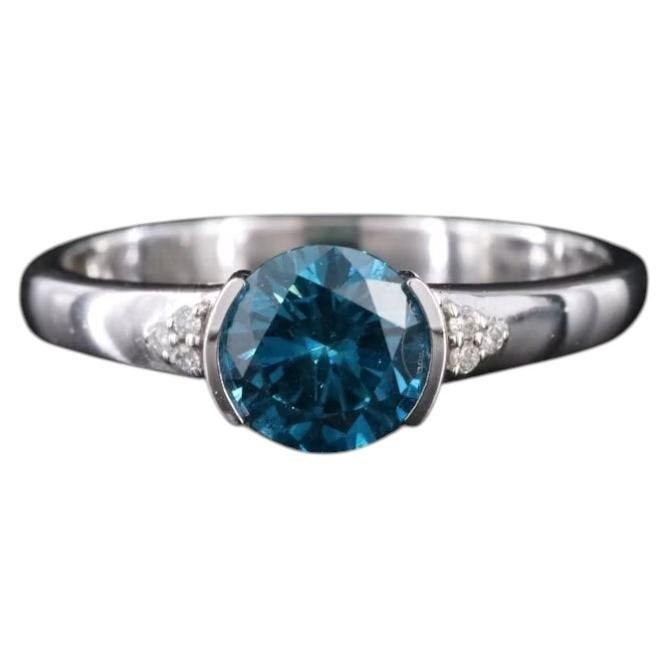 14K White Gold 0.96 CTW Round Fancy Blue Diamond Ring