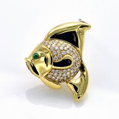 Emerald Diamond Gold Fish Brooch / Pendant Necklace