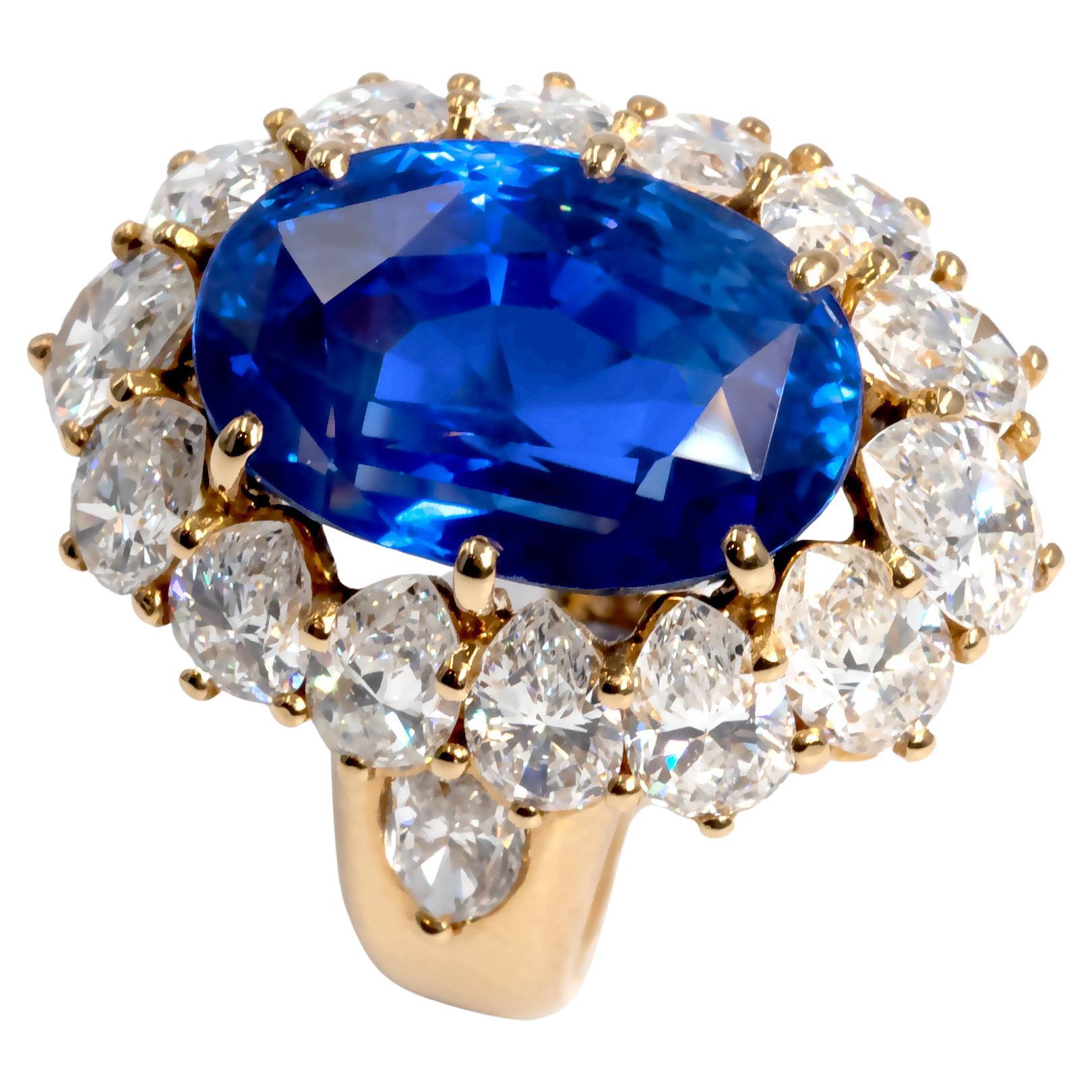 Certified Royal Blue 17.38 Carat Sapphire and Diamond Ring For Sale