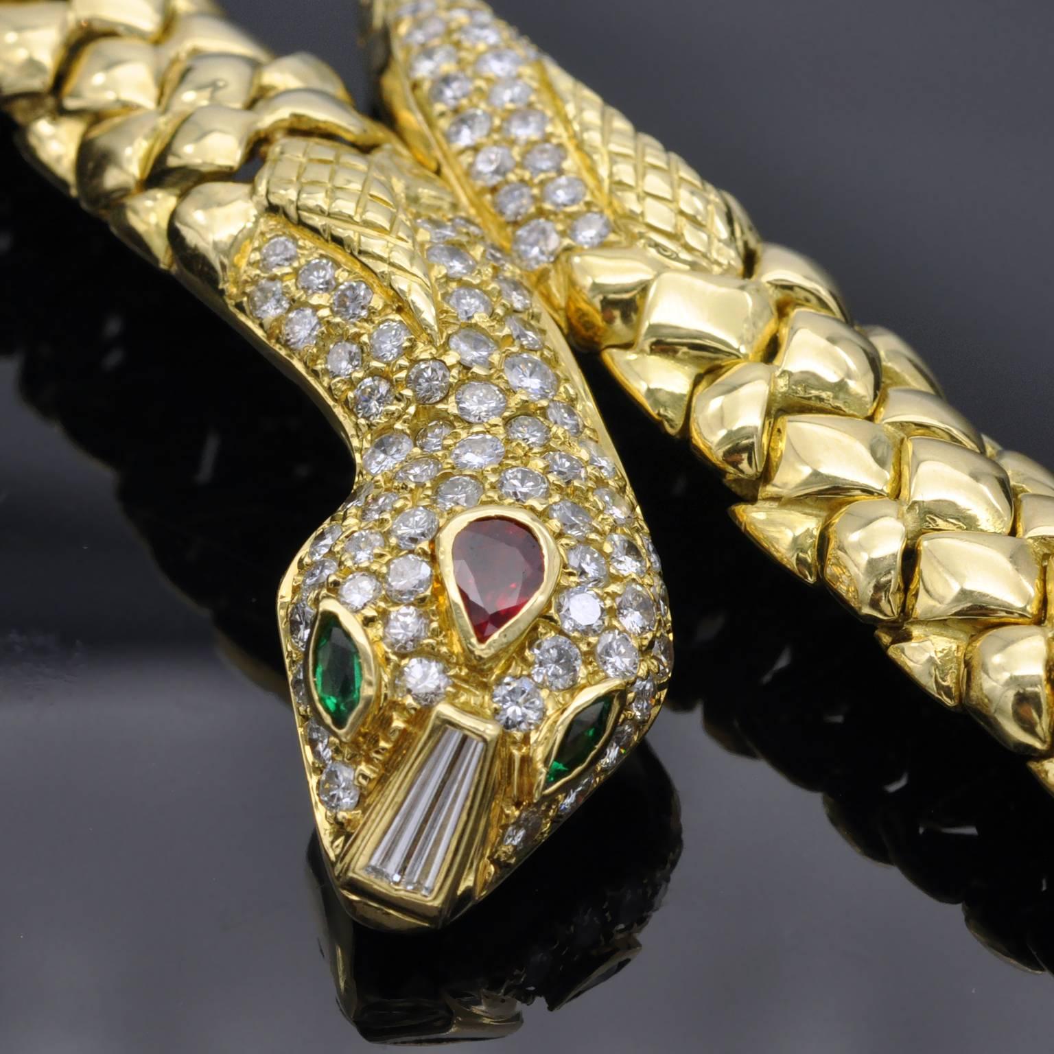 Modern Yellow Gold Ruby and Emerald White Diamond Snake Cuff Bracelet