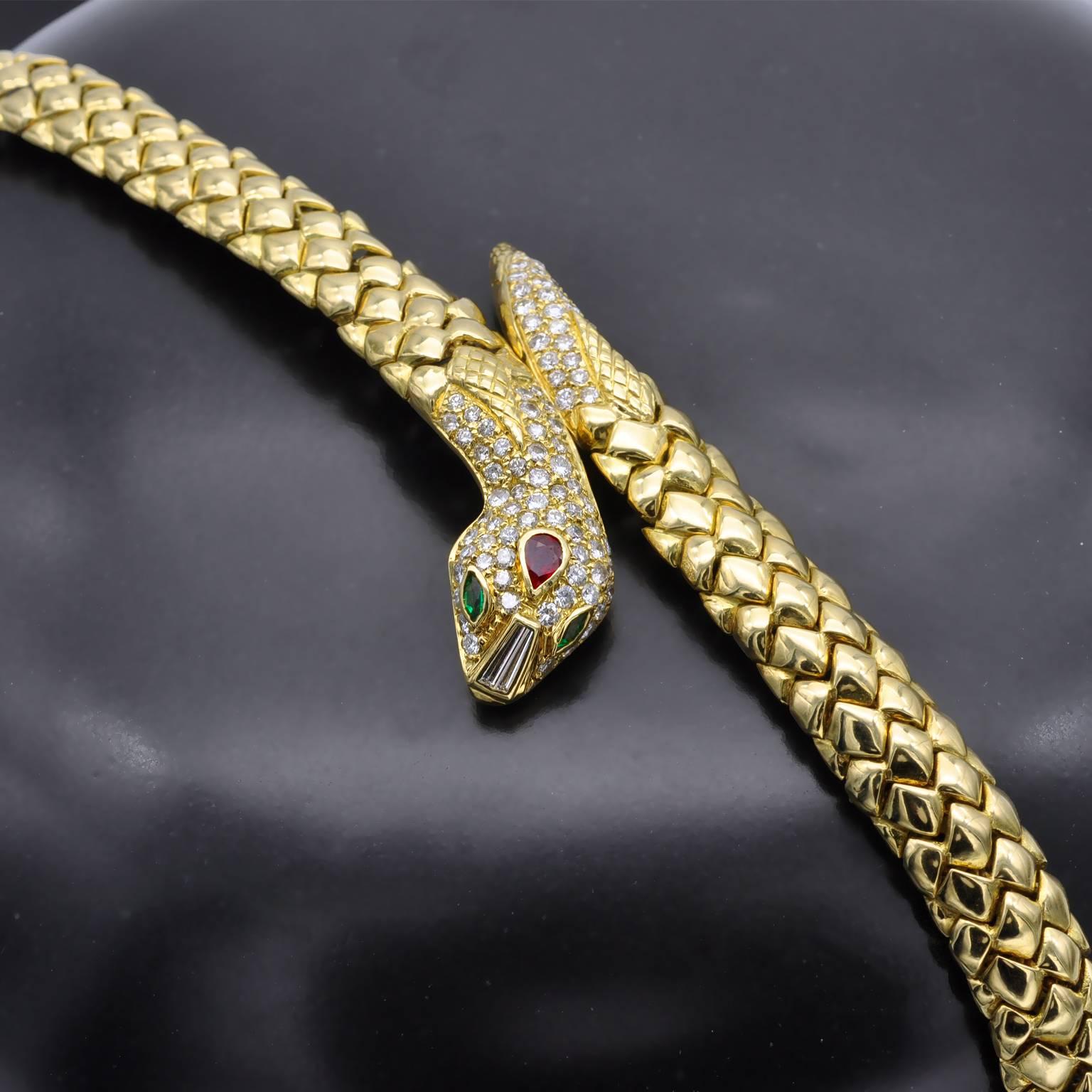 Women's Yellow Gold Ruby and Emerald White Diamond Snake Cuff Bracelet