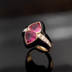 Onyx and Pink Tourmaline 18K Gold Dome Ring with Diamonds