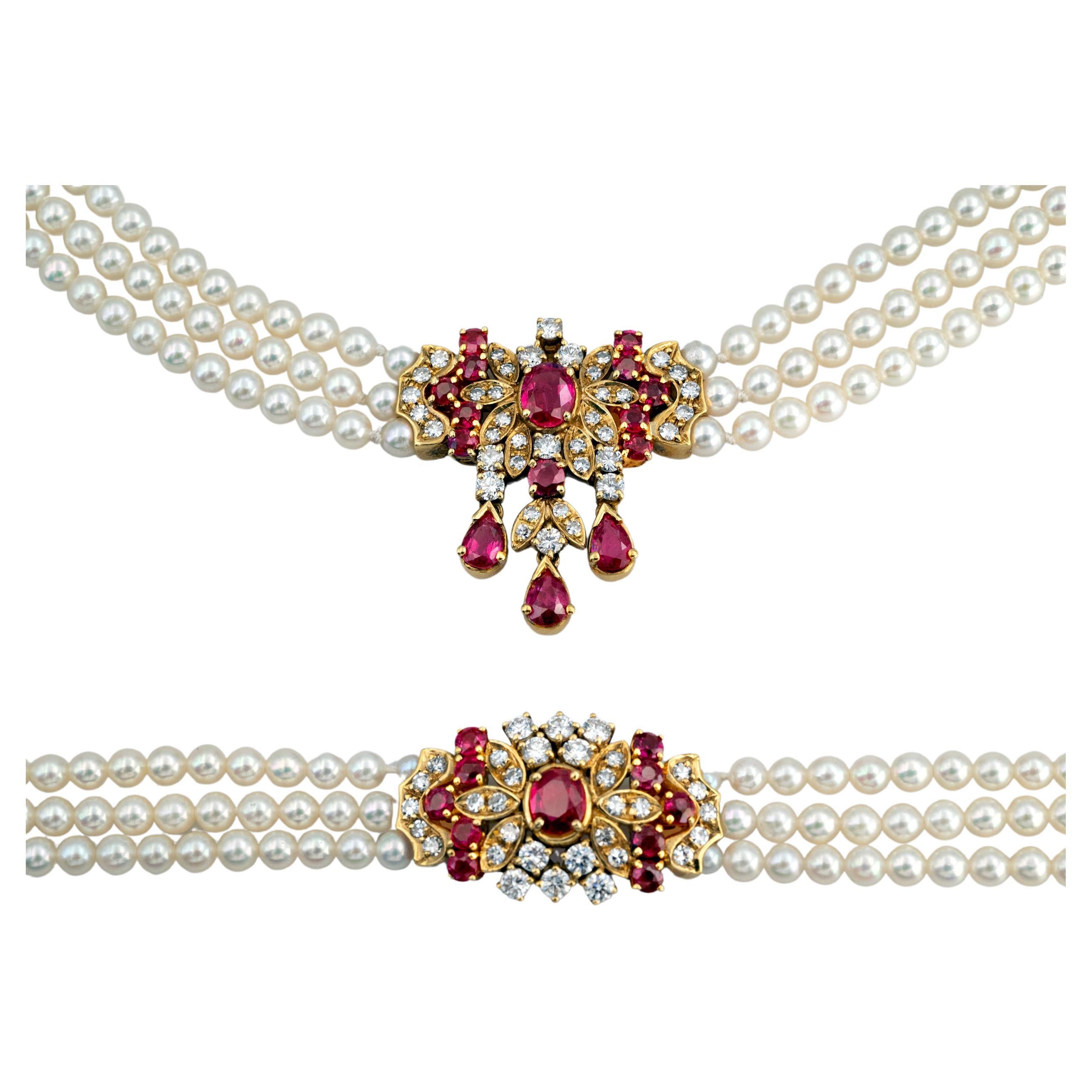 Ruby Diamonds and Pearls 18 Kt. Necklace and Bracelet Set For Sale