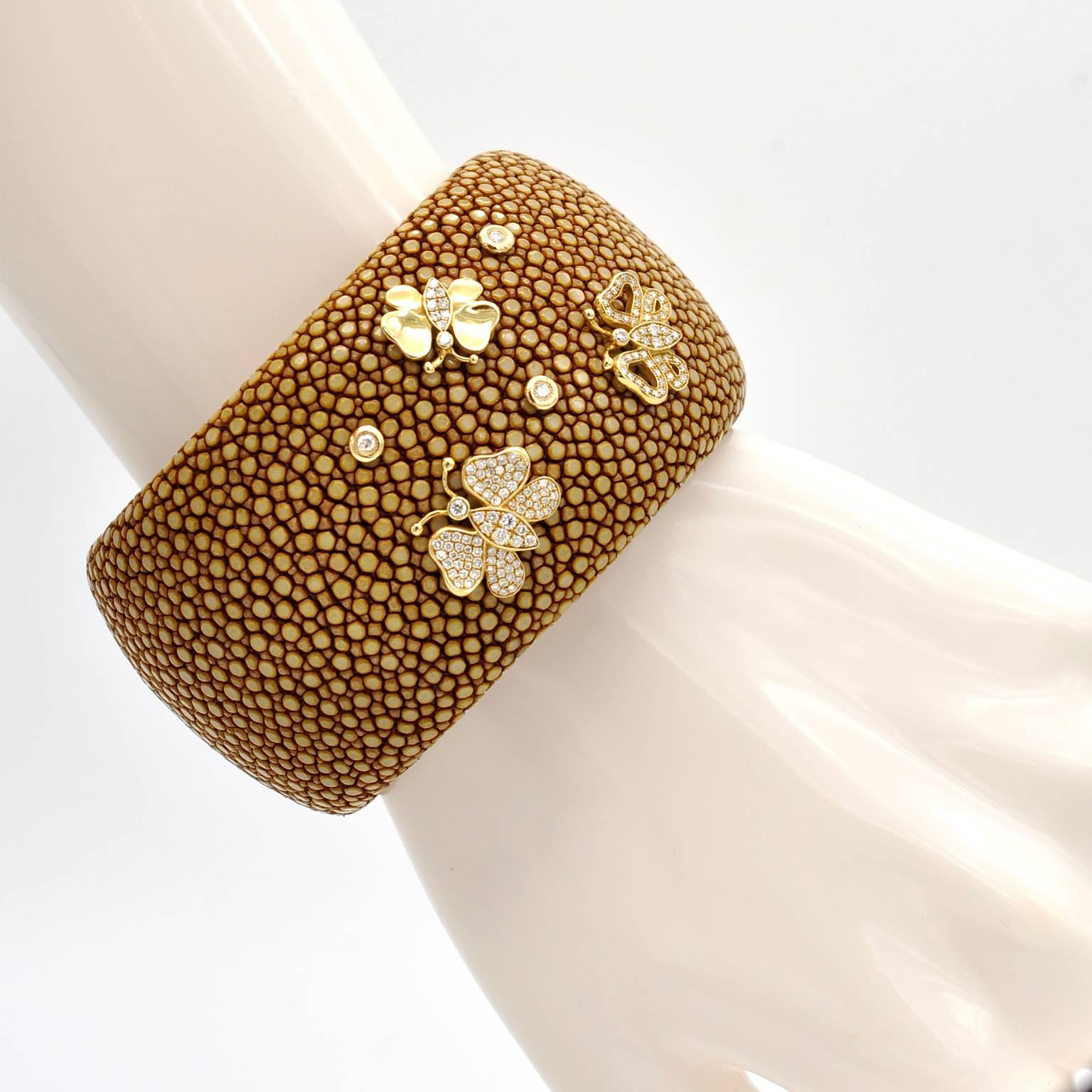Contemporary Large Shagreen Leather Diamond Gold Cuff Bracelet