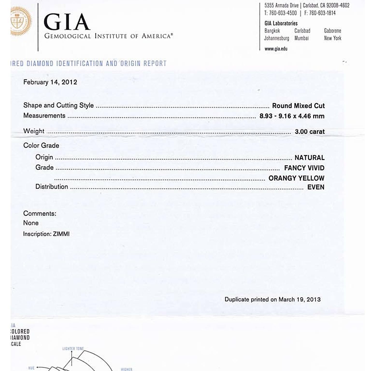 Bague en diamant certifié GIA de 3 carats de couleur jaune Vivid Orangy Zimmi Pour femmes en vente