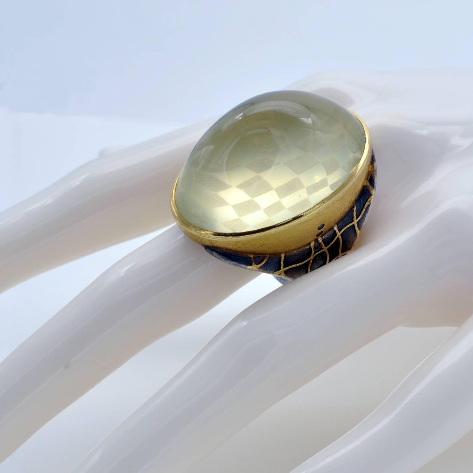Modernist Michael Zobel Citrine Cabochon Diamond Silver Gold Ring