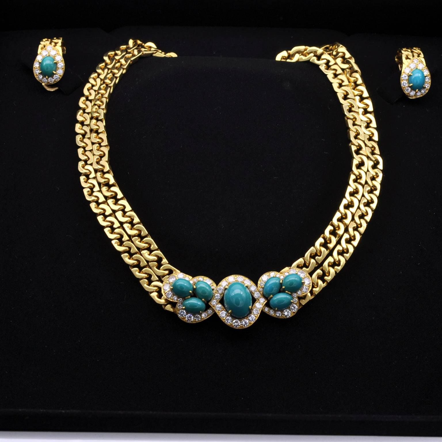 Tabbah Turquoise Diamond Gold Necklace and Earrings Set In Excellent Condition In Monte Carlo, MC