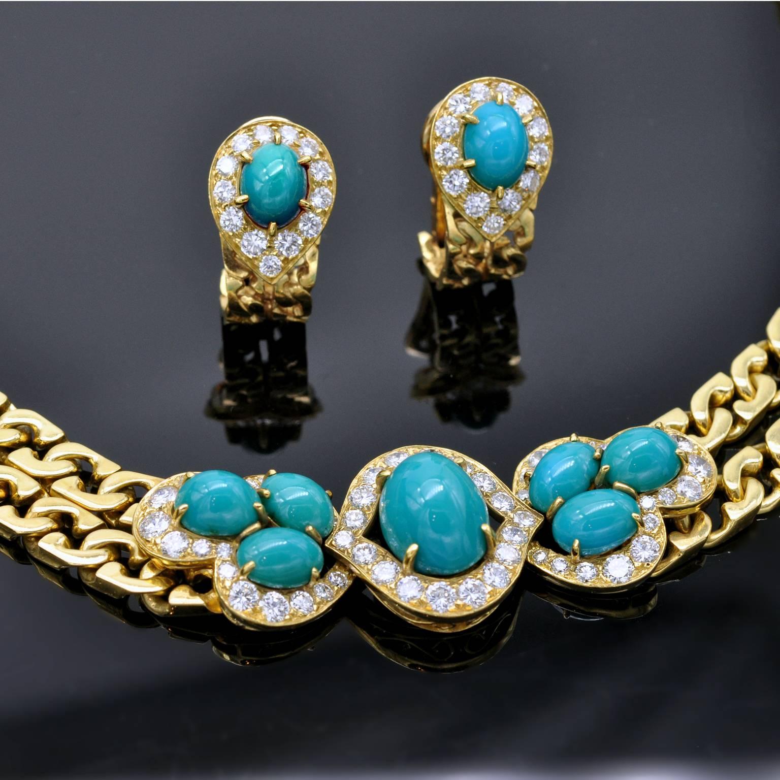 Ravishing set consisting of a necklace and pair of earrings set with turquoises and top quality round diamonds. 
The make is excellent; the necklace sit perfectly around the neck in a very natural way as well as the clip on earrings on the earlobes.