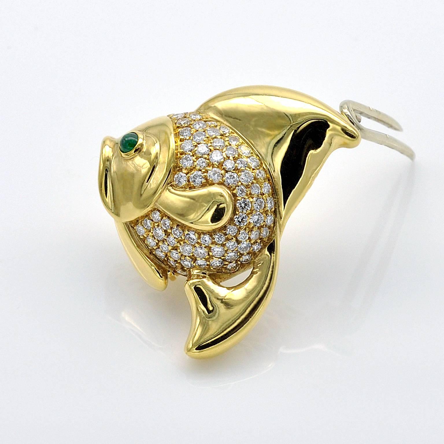 Modern Emerald Diamond Gold Fish Brooch / Pendant Necklace