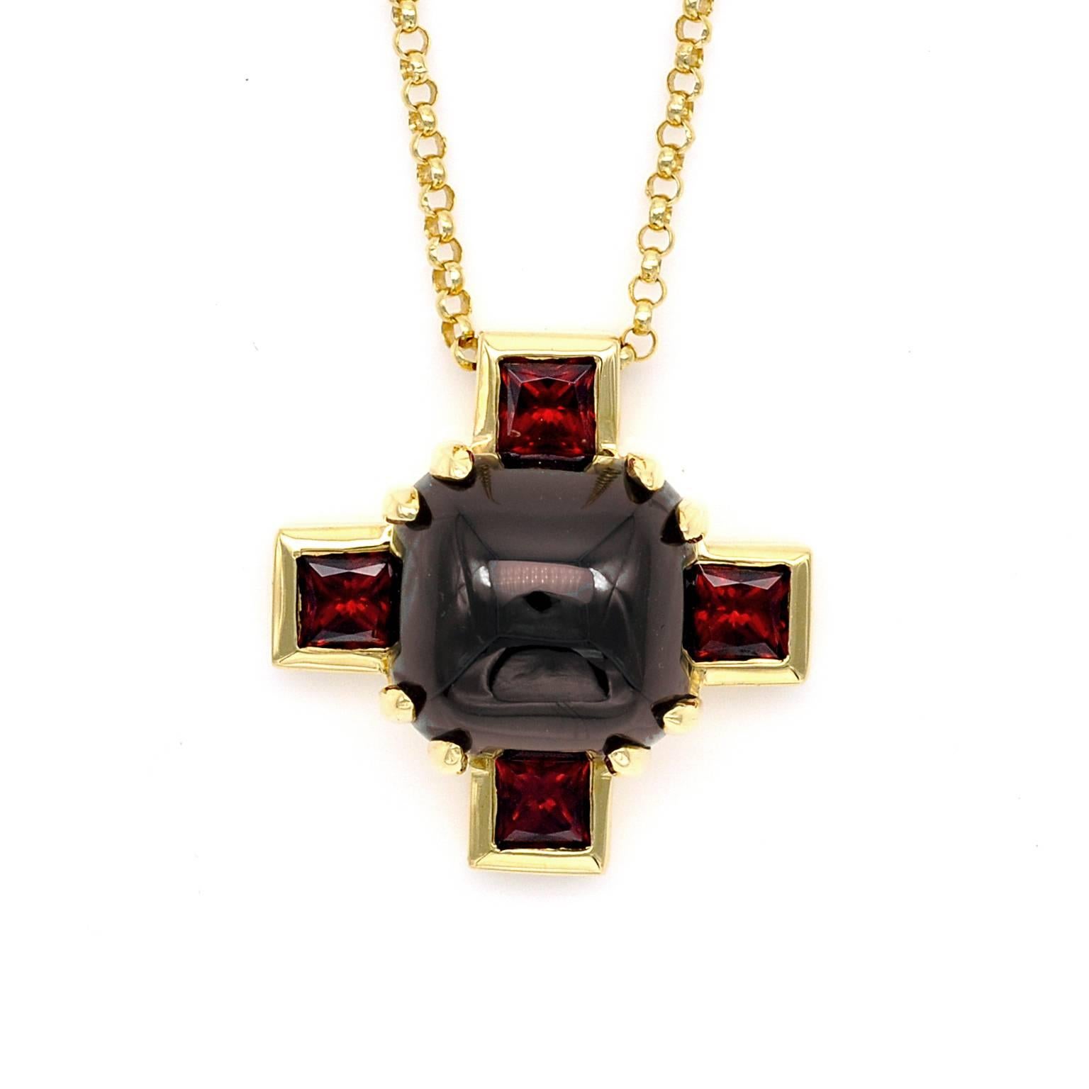 Women's Modern Garnet and Gold Cross Pendant Necklace For Sale
