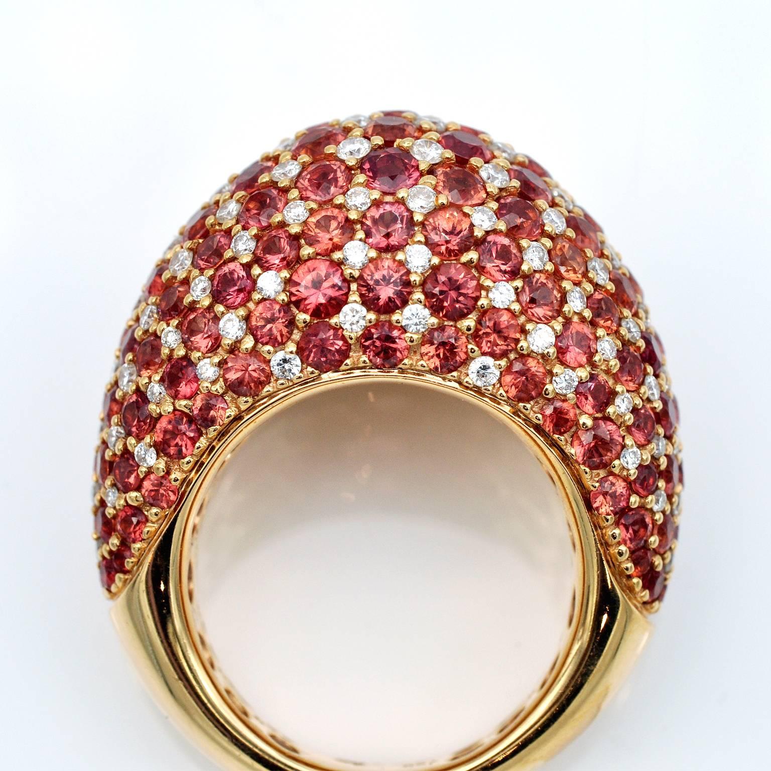 Contemporary Orange Sapphire Diamond Gold Domed Cluster Ring