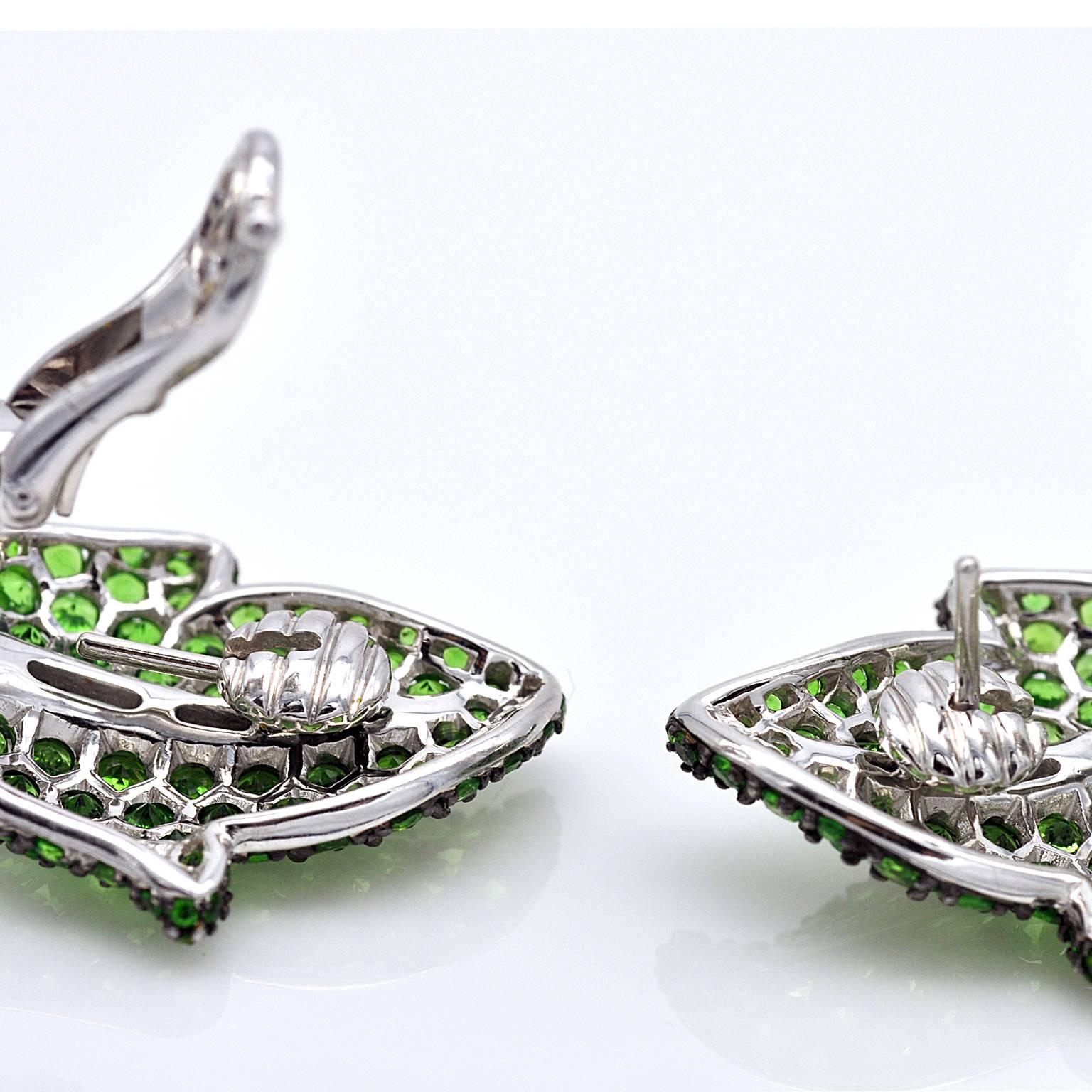 Modern Tsavorite and Diamond Leaf Earrings For Sale