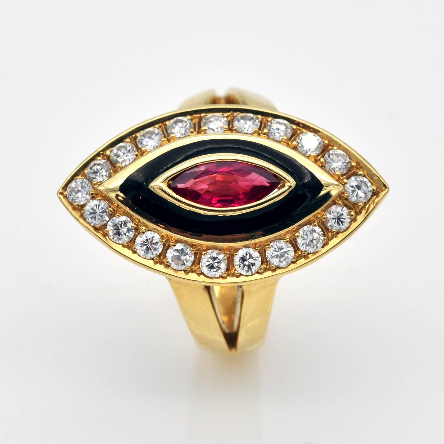 Perfect shape. This marquise ring is simple and well made. 
The center ruby is approx. 0.70 ct , then comes black enamel and finally about 0.50ct of top quality diamonds.