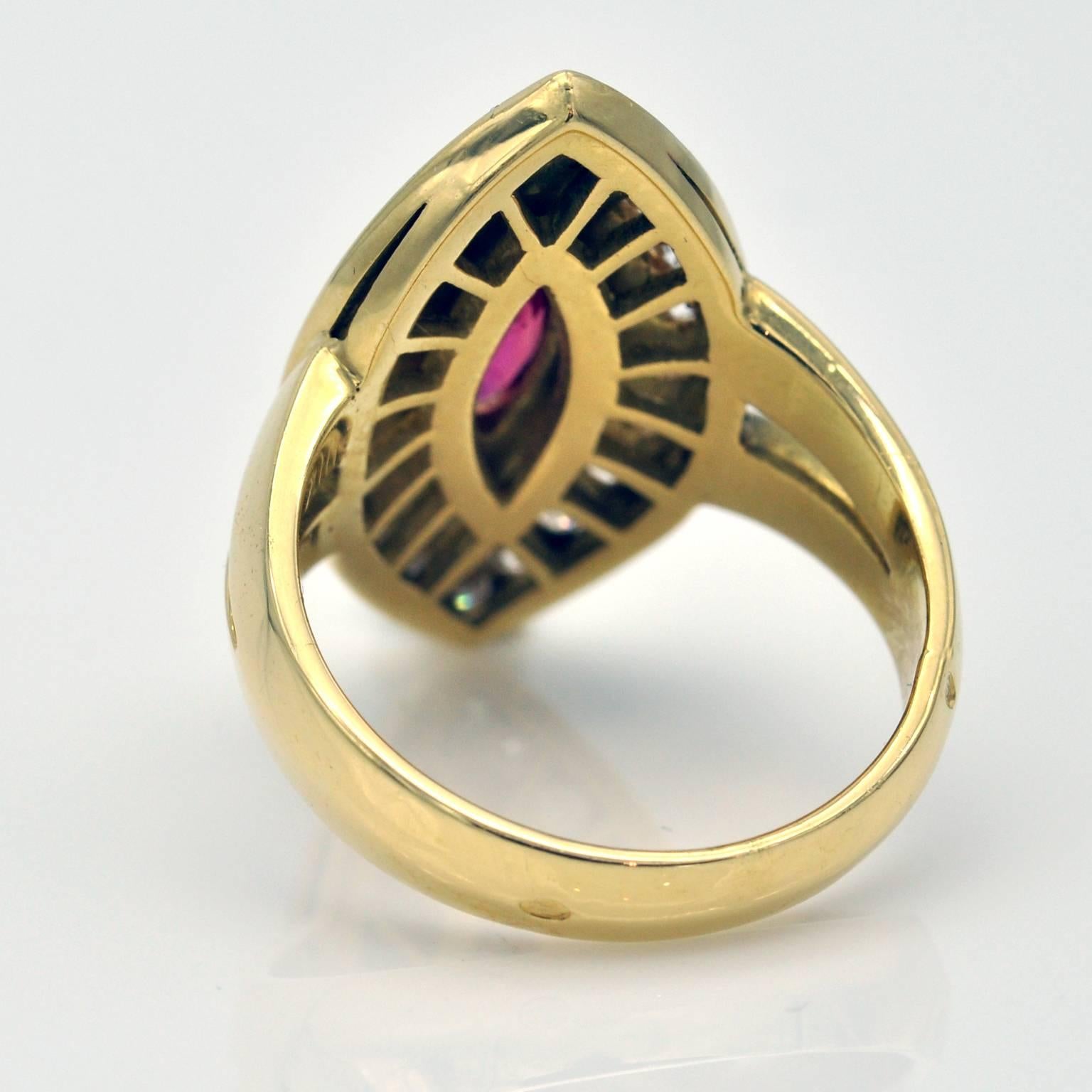 Modern Ruby Diamond and Enamel Gold Marquise Ring