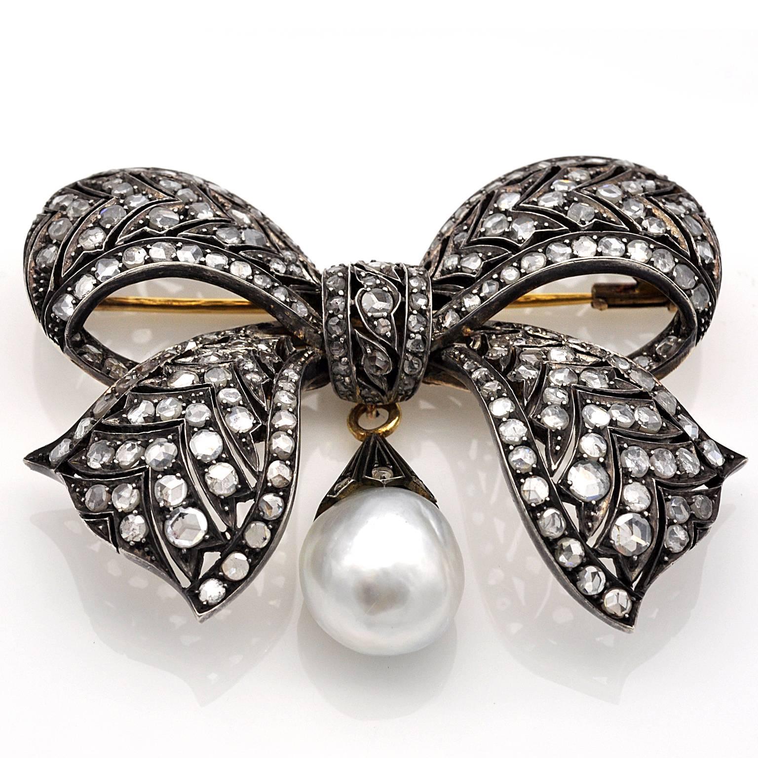 Victorian Diamond Silver Topped Gold Bow Brooch In New Condition In Monte Carlo, MC