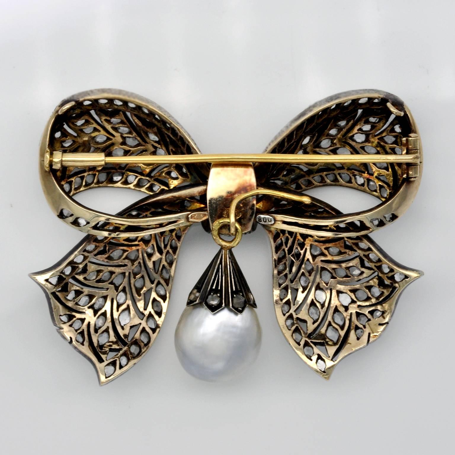 Women's Victorian Diamond Silver Topped Gold Bow Brooch