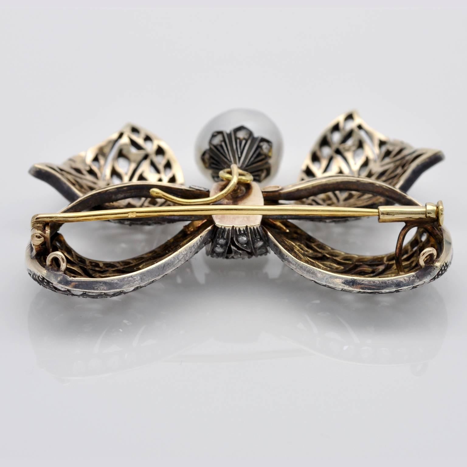 Victorian Diamond Silver Topped Gold Bow Brooch 1