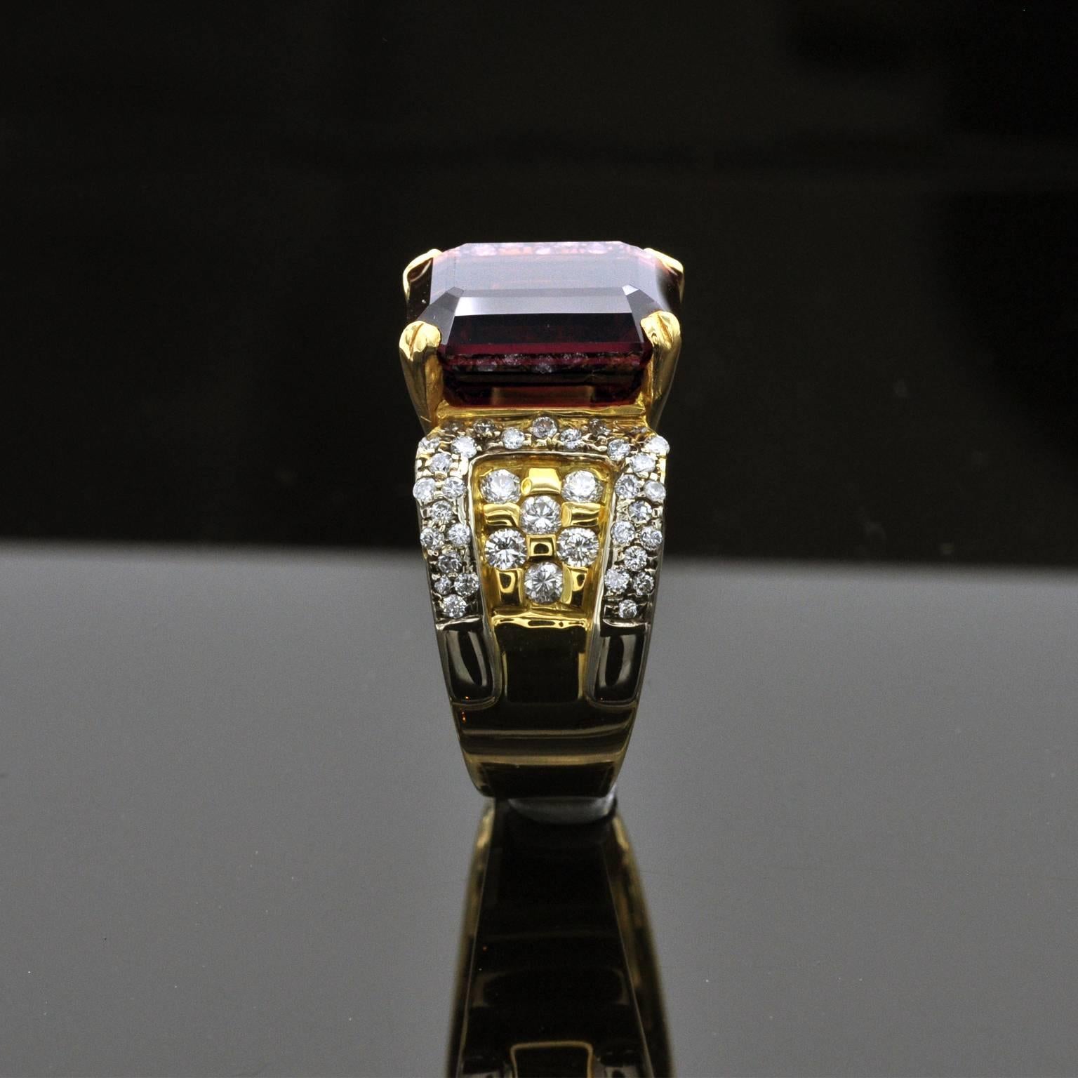 Emerald Cut Garnet Diamond Gold Cocktail Ring