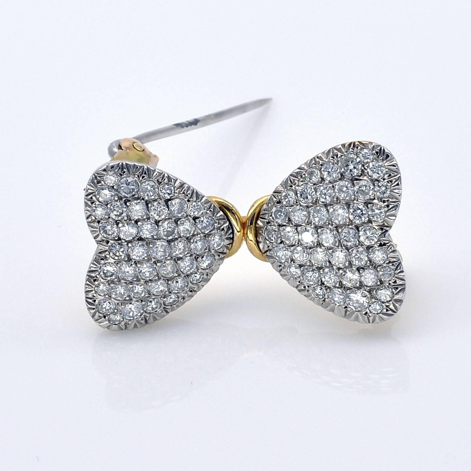 Romantic Diamond and Gold Two Hearts Brooch