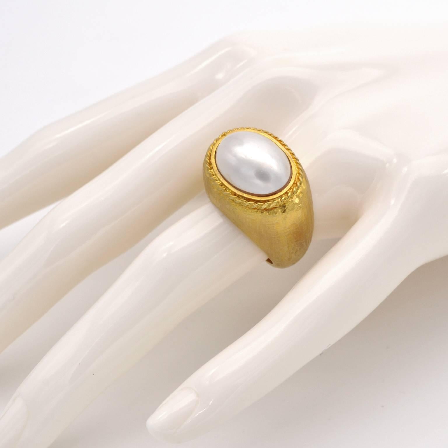 Greek Revival Mabe Pearl Hammered Gold Cocktail Ring