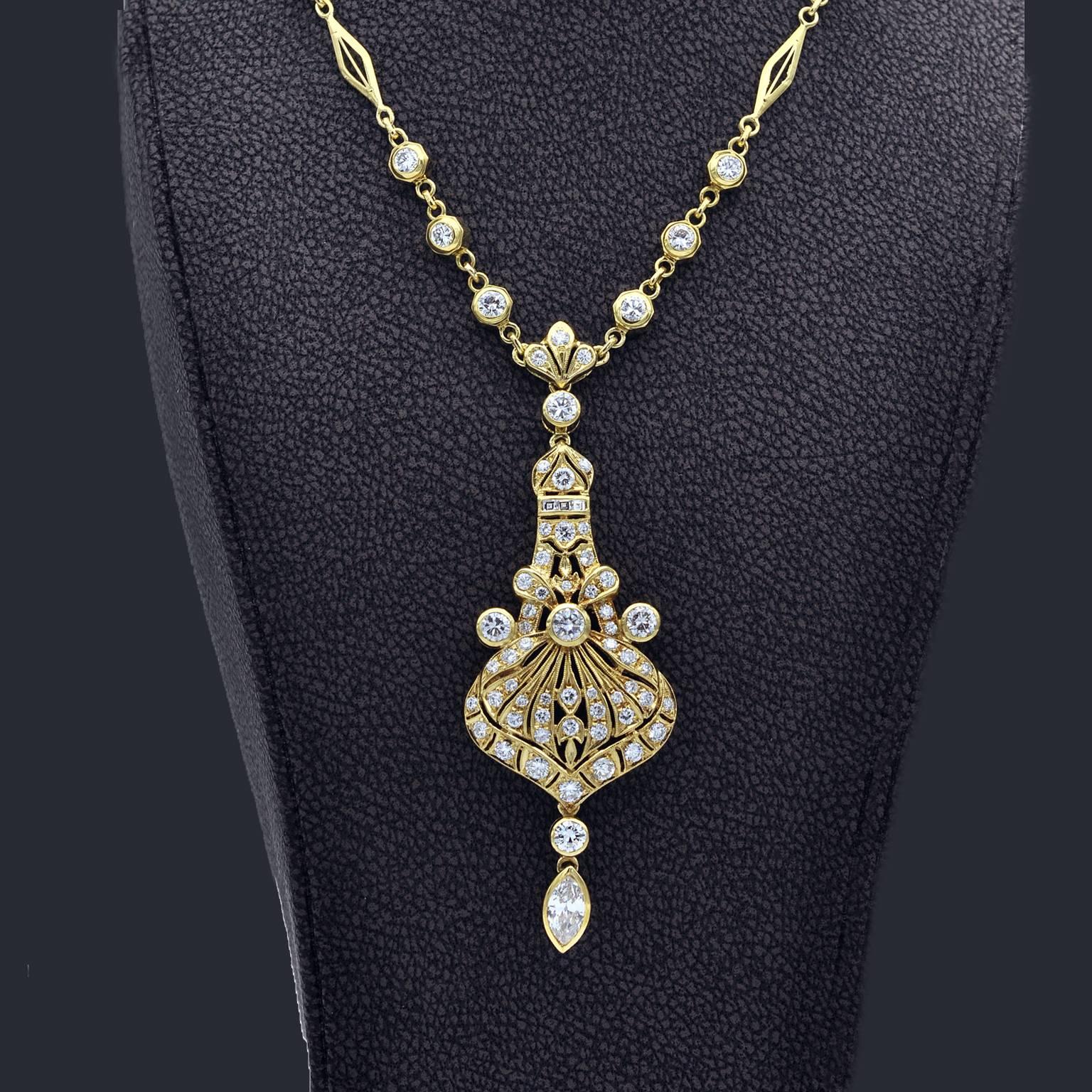 The design of this attractive  necklace has definitely oriental influences. The pendant and the chain are completely handmade. Very nice work with millegrain nicely contrasting with the biggest stone bezel setting.

Diamonds: 
Approximate total