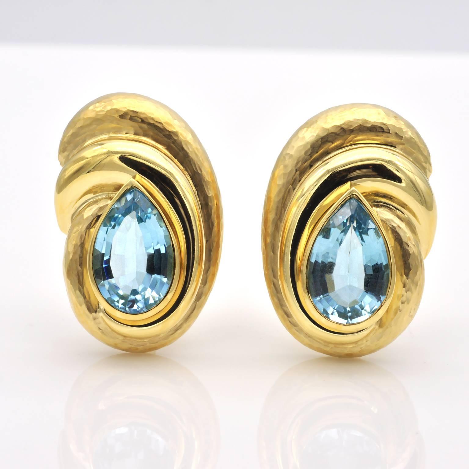 Modern Blue Topaz Hammered Gold Clip-On Earring