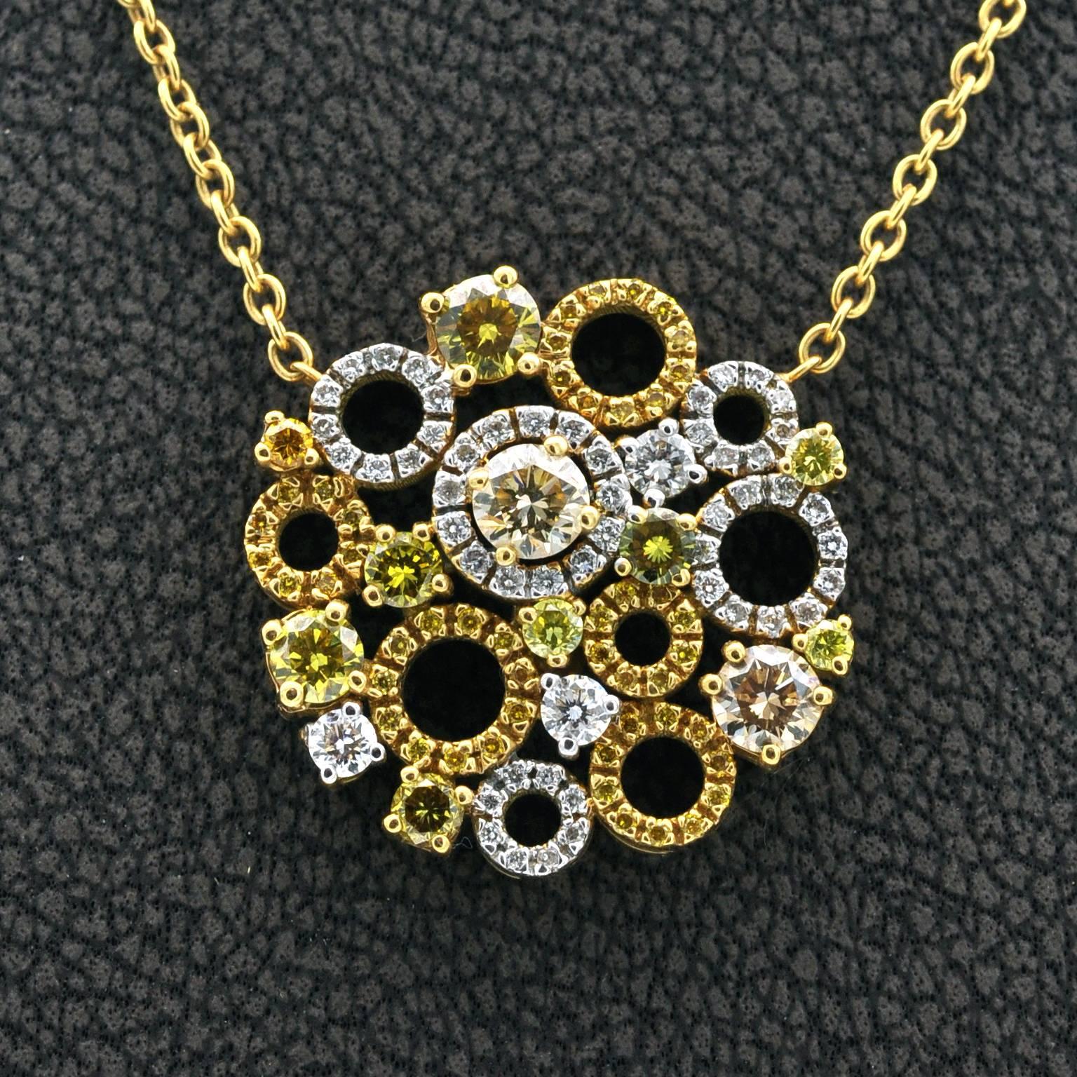 Contemporary Yellow and White Diamond Gold Necklace For Sale