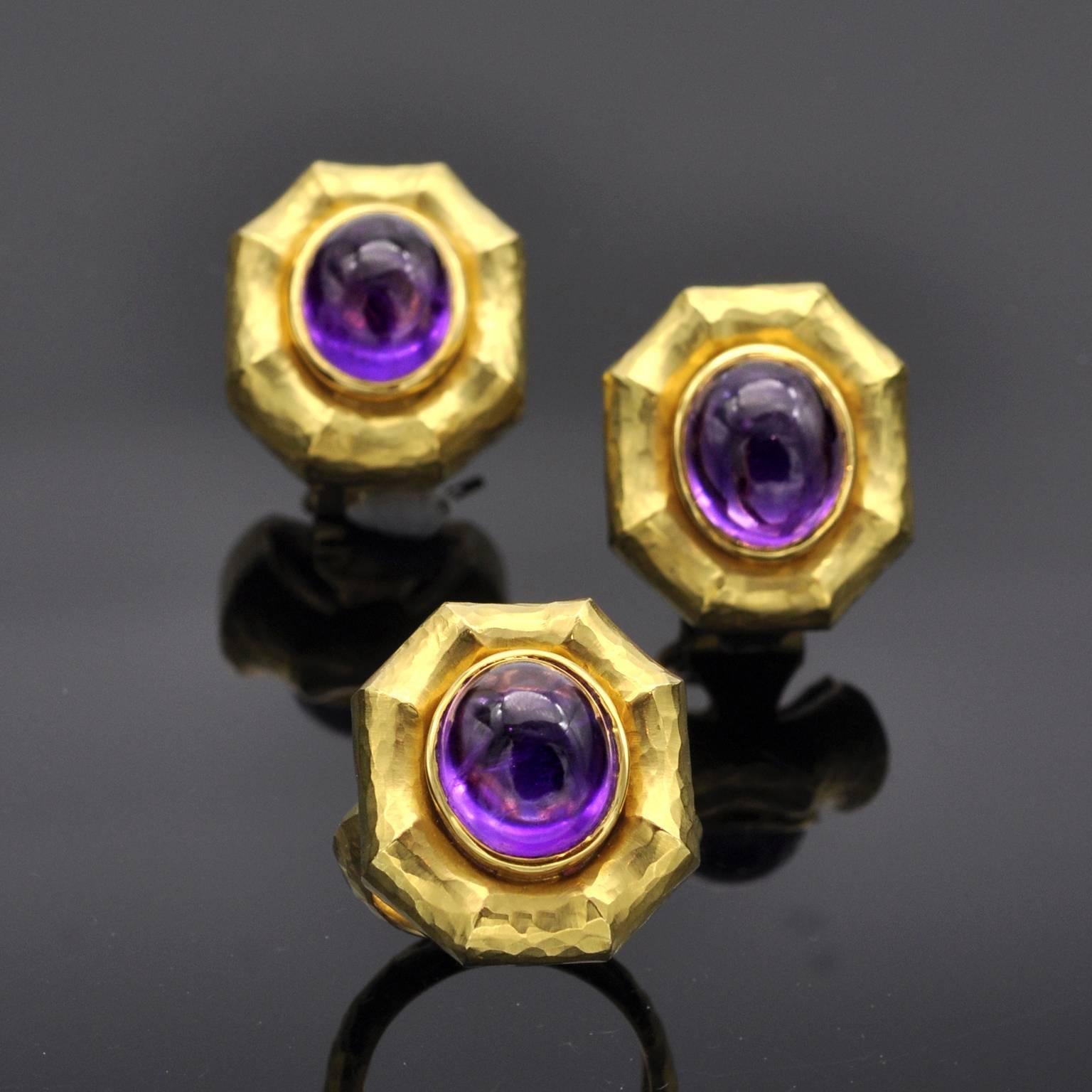 Amethyst Hammered Gold Earring and Ring Set 1