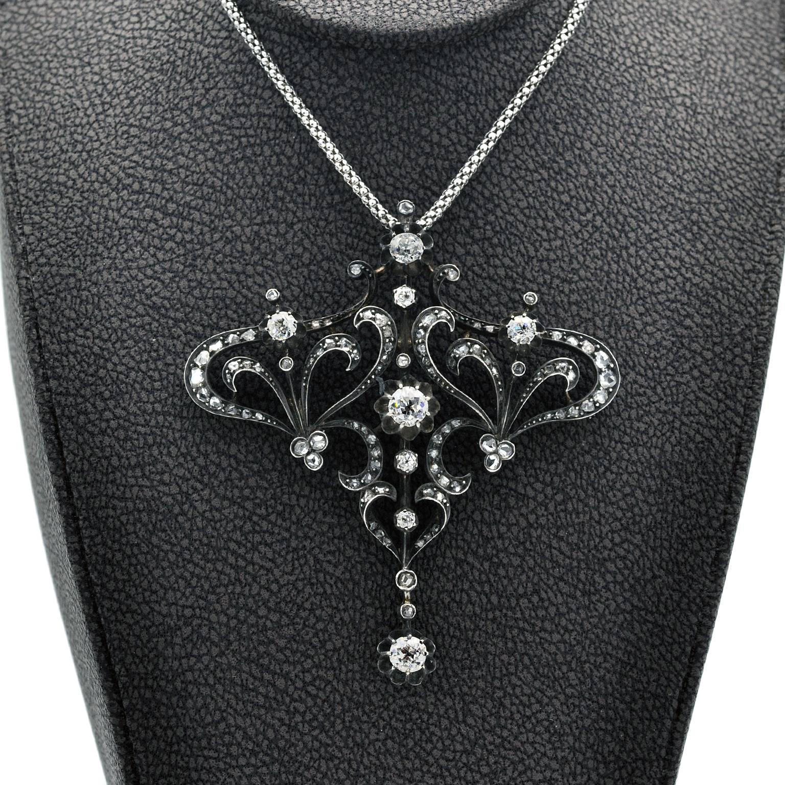 French Diamond Silver on Gold Brooch and Pendant Necklace In New Condition In Monte Carlo, MC