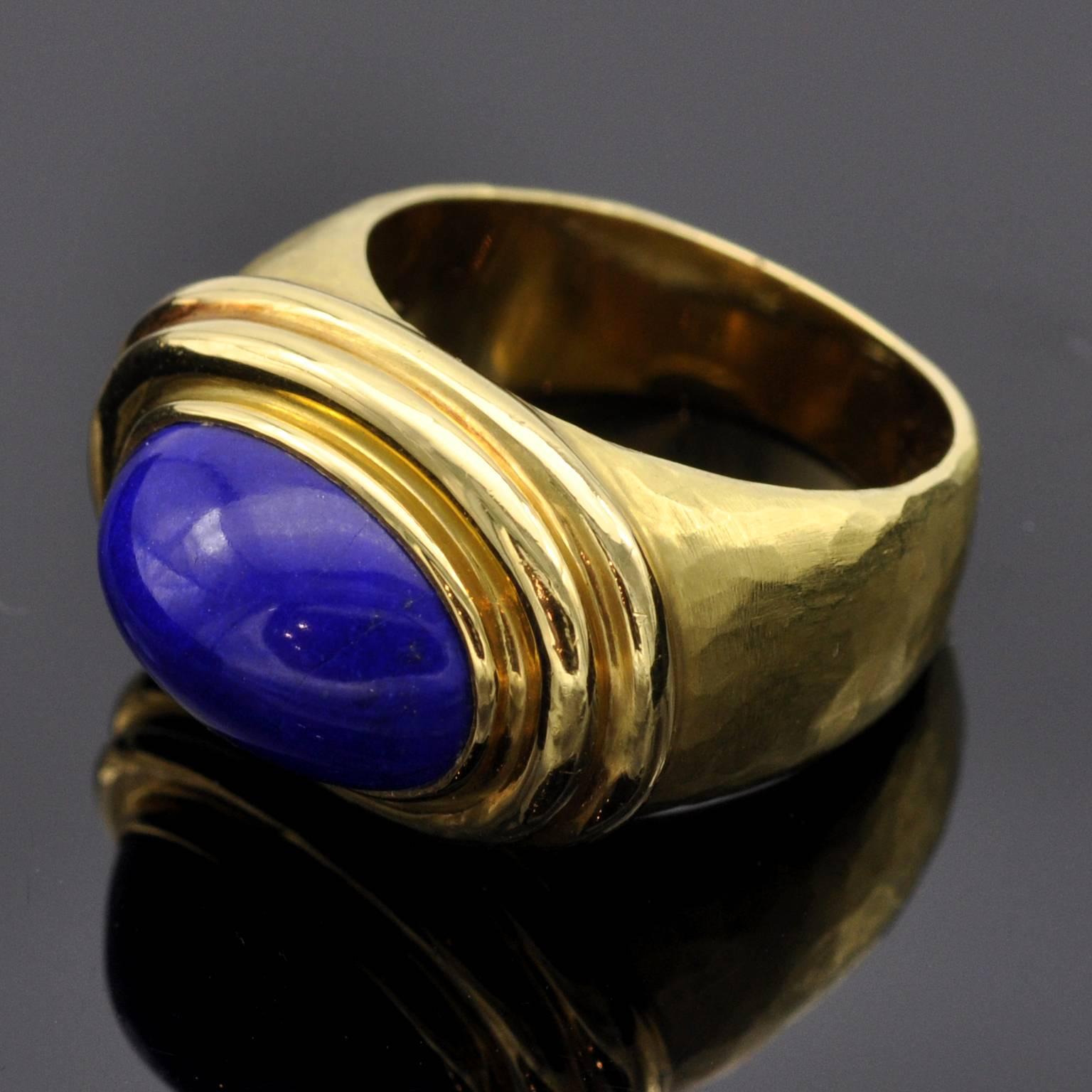 Greek Revival Hammered Gold and Lapis Lazuli Ring