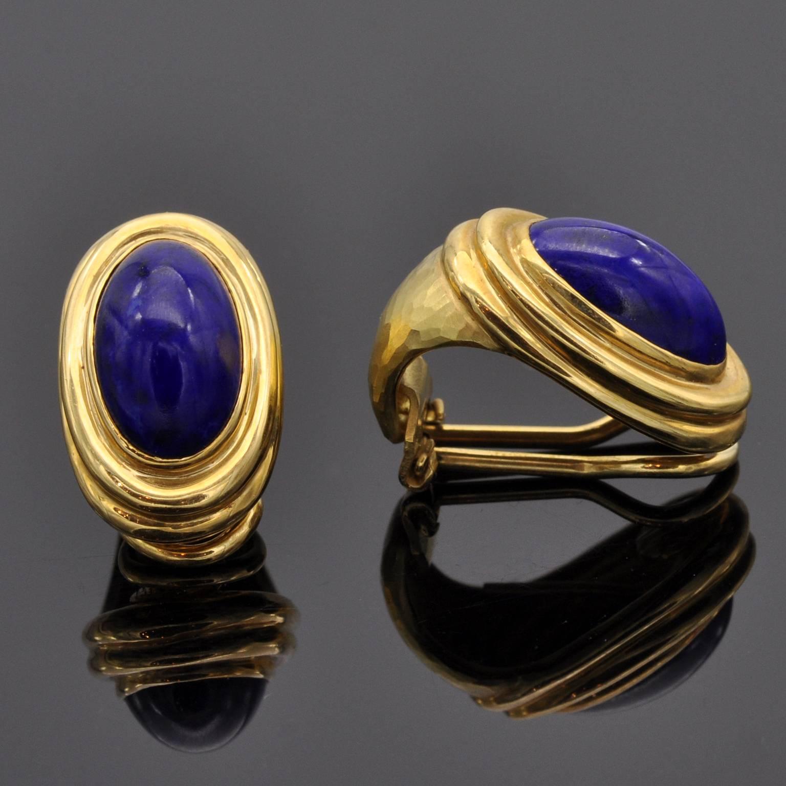 Greek Revival Hammered Gold and Lapis Lazuli Clip-On Earrings