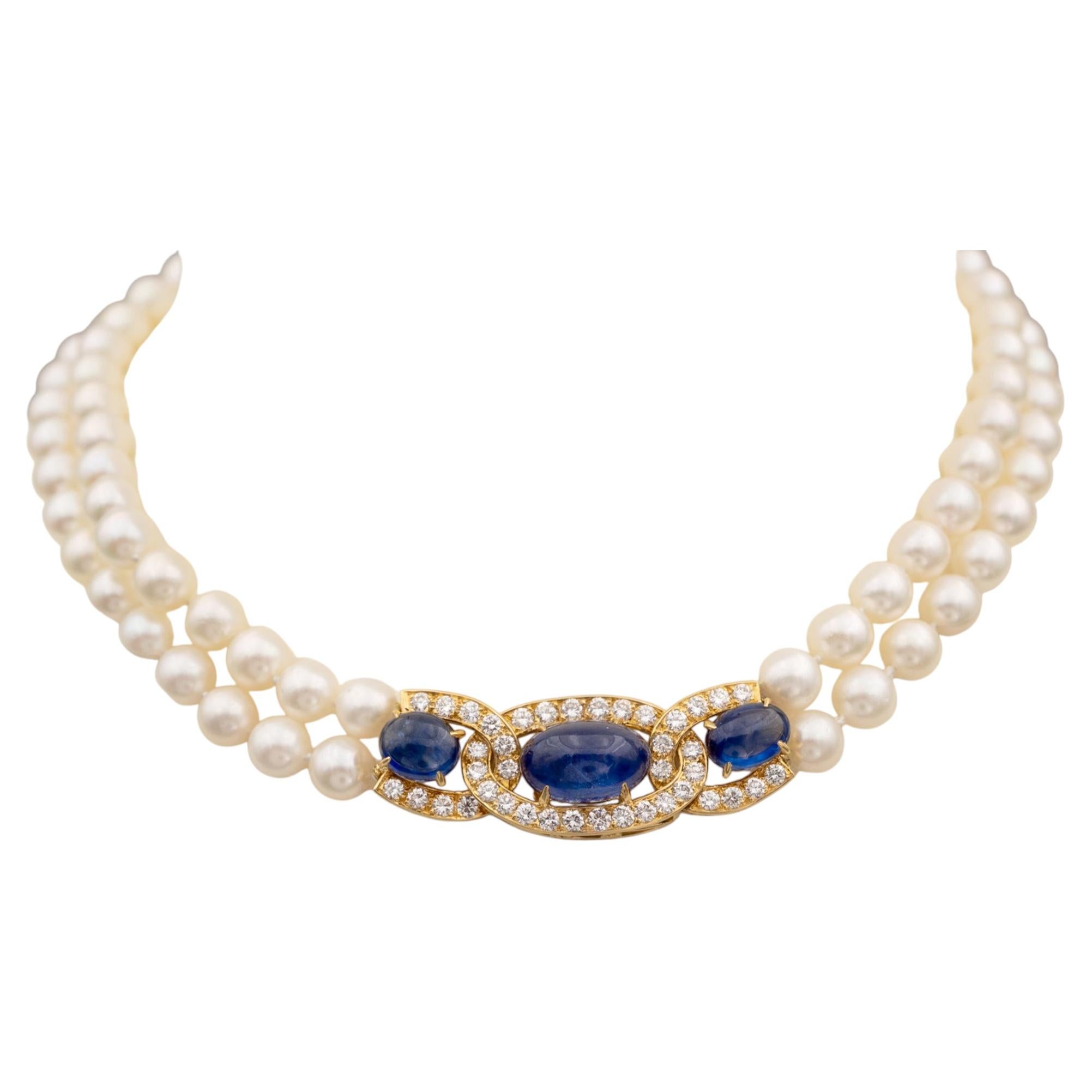 Diamond and Sapphire Cabochon 18K Yellow Gold Pearl Necklace