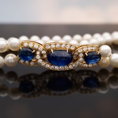 Diamond and Sapphire Cabochon 18K Yellow Gold Pearl Necklace