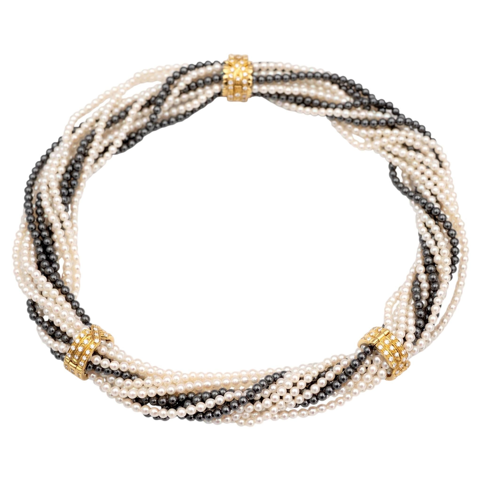 18K Yellow Gold Pearl and Diamond Multi-Strand Necklace