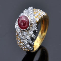 Tabbah Cabochon-Ruby and Diamond Platinum and Gold Ring