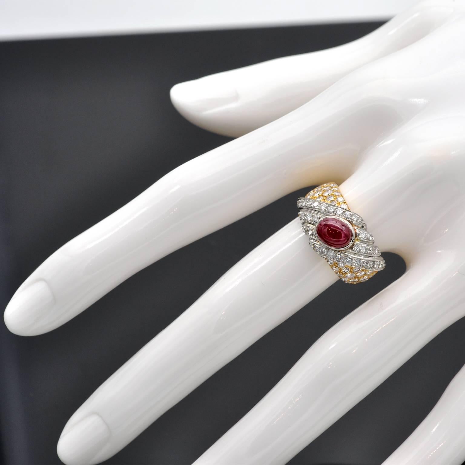 Contemporary Tabbah Cabochon-Ruby and Diamond Platinum and Gold Ring For Sale