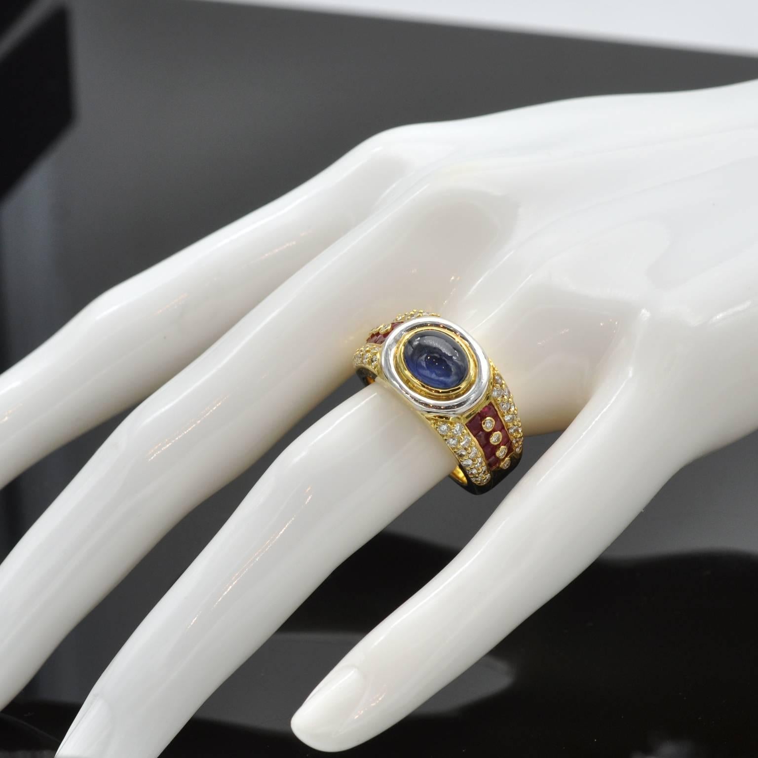Cabochon-Sapphire Ruby Diamond 18-Karart Gold Dome Ring In New Condition For Sale In Monte Carlo, MC