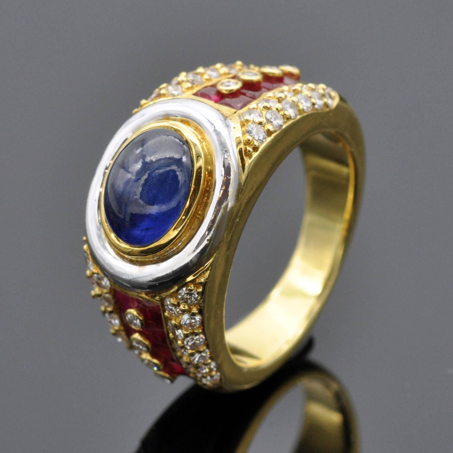 Contemporary Cabochon-Sapphire Ruby Diamond 18-Karart Gold Dome Ring For Sale