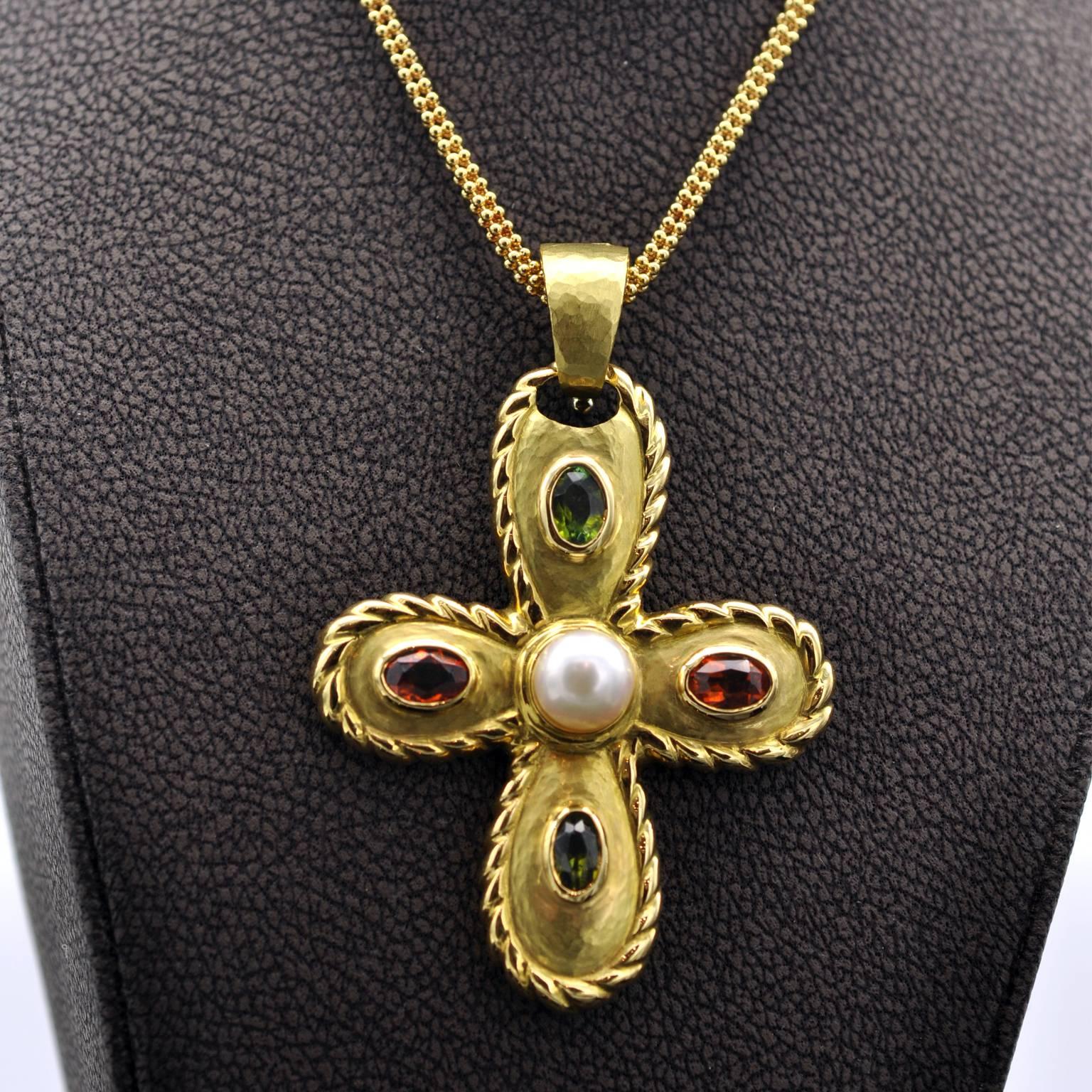 Greek Revival Pearl Tourmaline Citrine Gold Cross Shaped Pendant
