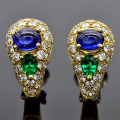 18K Gold Sapphire Emerald and Diamonds Earrings and Ring Set