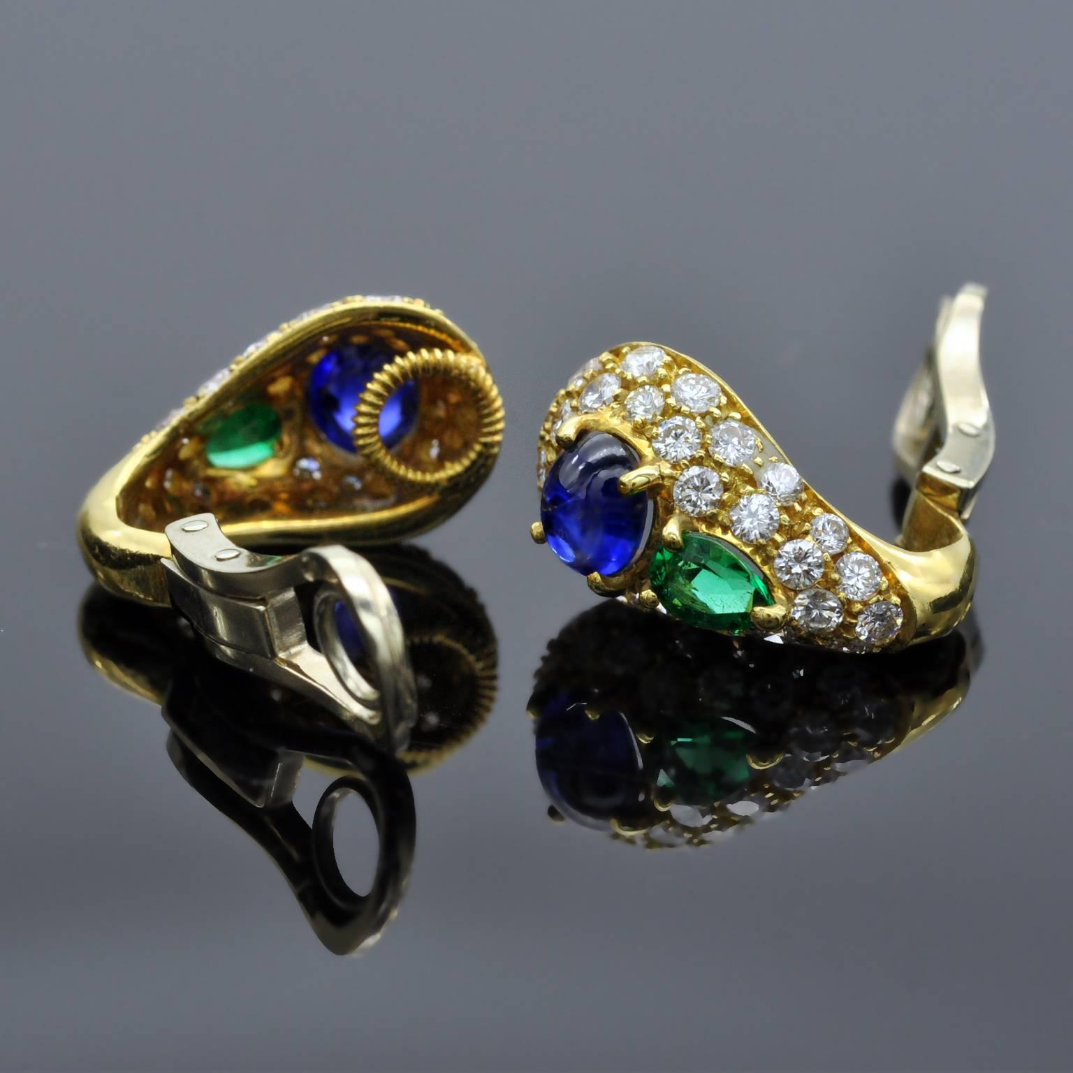 18K Gold Sapphire Emerald and Diamonds Earrings and Ring Set In New Condition For Sale In Monte Carlo, MC