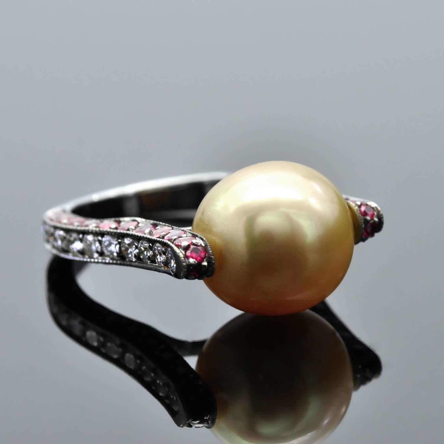 Artist Modernist Golden South Sea Pearl Ruby and Diamond Ring For Sale