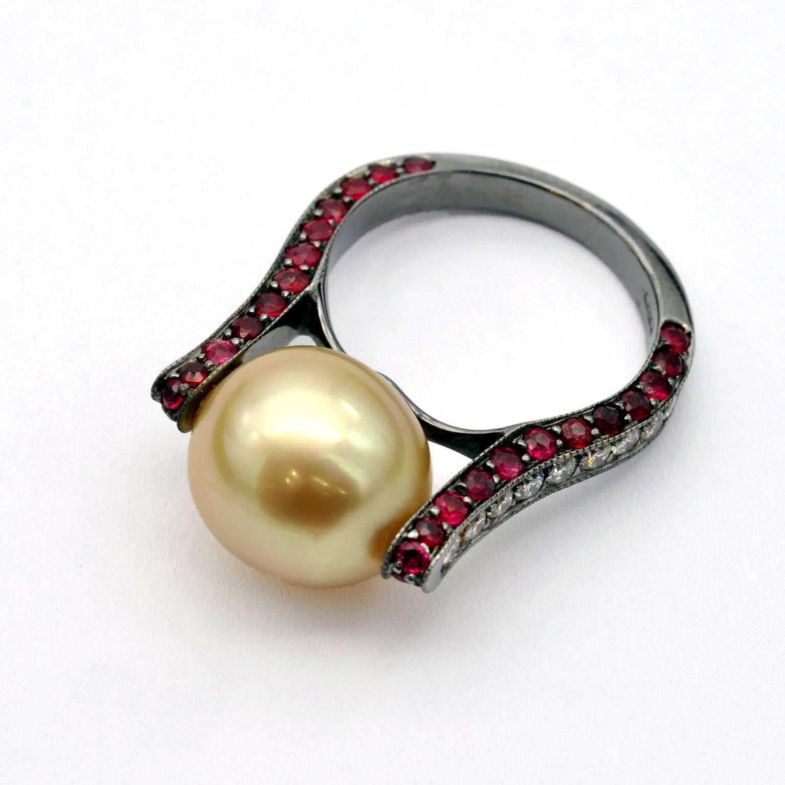 Bead Modernist Golden South Sea Pearl Ruby and Diamond Ring For Sale