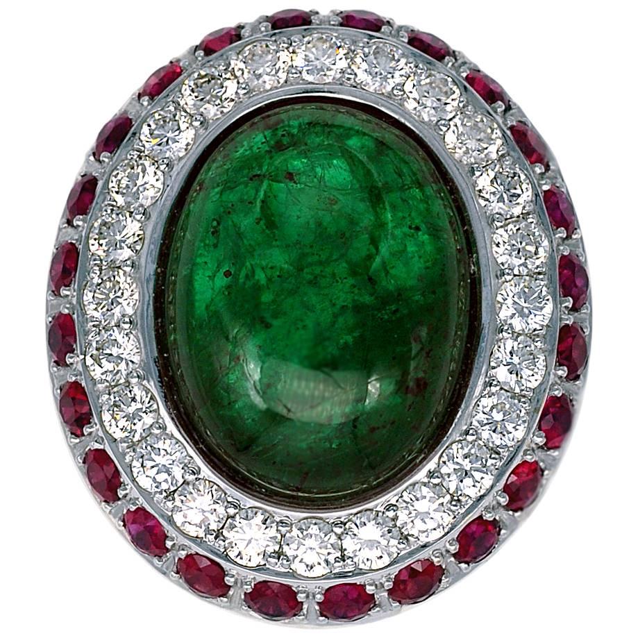 16.09 Carat Cabochon Emerald Ruby Diamond Gold Ring